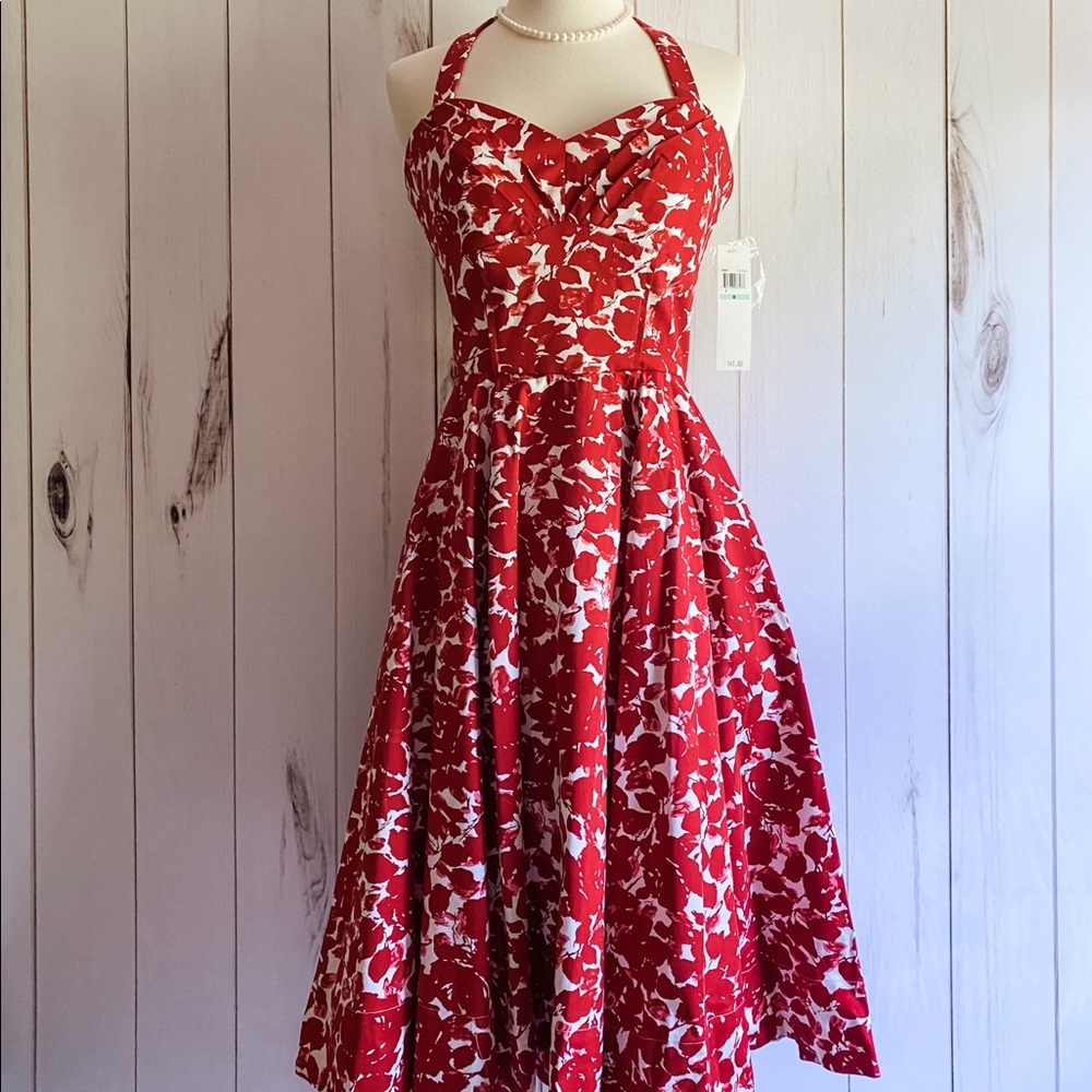 Retro Red Floral Halter Dress